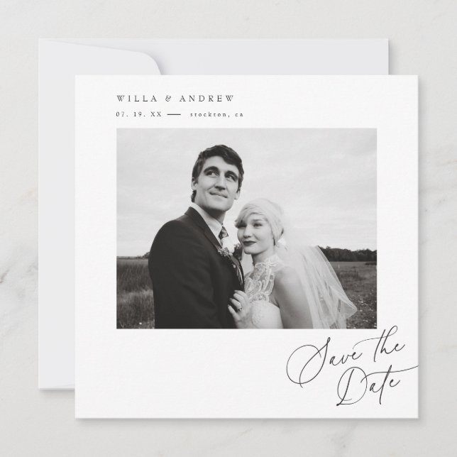 Convite Posh Square Save The Date Photo Minimal Card  (Frente)