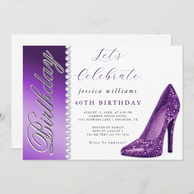 Convite Posh Stiletto e Diamantes Purple Birthday (Frente/Verso)