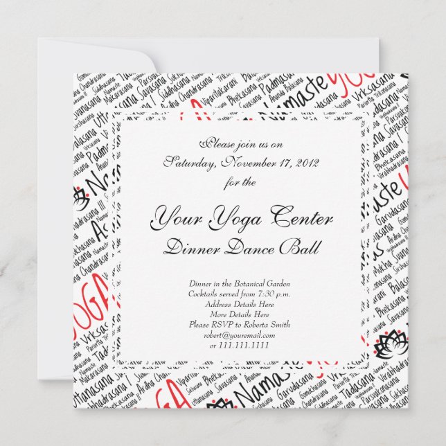 Convite Posições de Yoga Vermelha e Preta Elegante Lotus B (Frente)