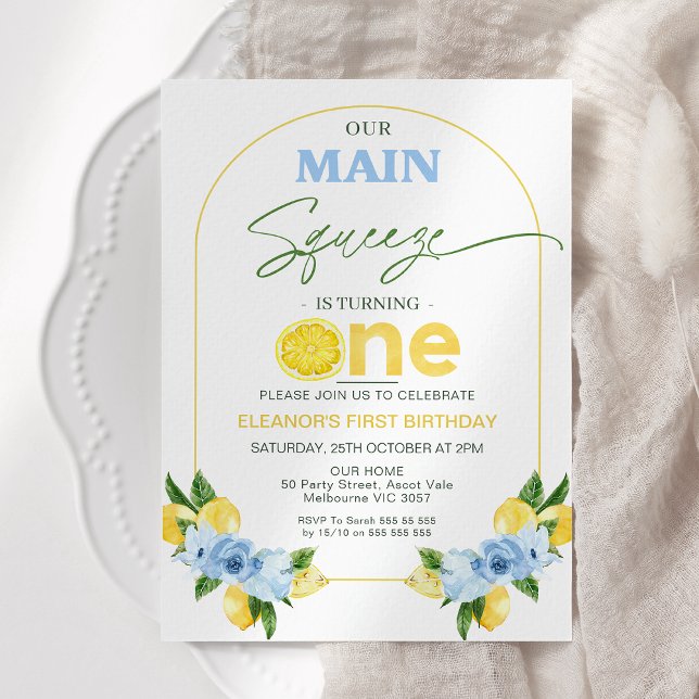 Convite Positano Blue Lemon Nosso primeiro aniversario de  (Main Squeeze 1st Birthday Invitation Blue Floral, Modern Arch Lemon 1st Birthday Invitation Girl,)