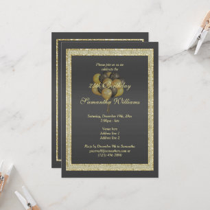 Convite Possuir Aniversário Dourado e Preto, Brilhante e