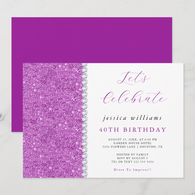 Convite Possuir Sequins & Diamantes Purple Birthday (Frente/Verso)