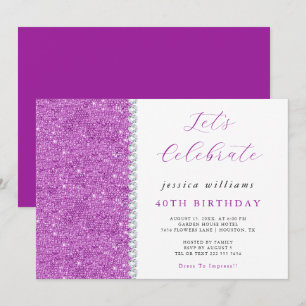 Convite Possuir Sequins & Diamantes Purple Birthday