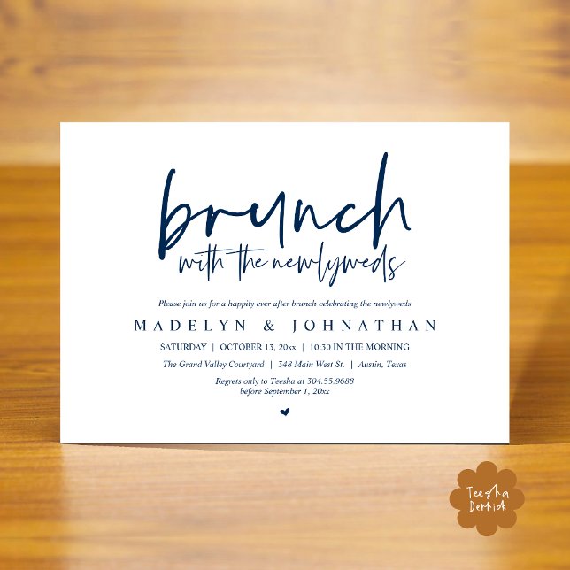Convite Postar Brunch com a Celebração de Newlyweds (Brunch with the Newlyweds Post Modern Morning Wedding Celebration Invitation Card PDF Navy Blue)