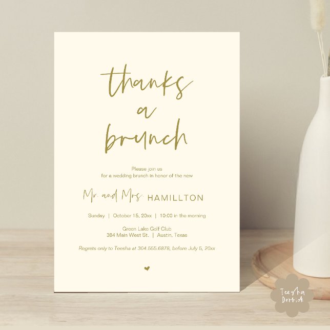 Convite Postar Brunch de casamento, Obrigados de um Convit (Post wedding Brunch, Thanks a Brunch Invitation card PDF in yellow gold)