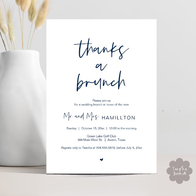 Convite Postar Brunch de casamento, Obrigados de um Convit (Post wedding Brunch, Thanks a Brunch Invitation card PDF in Navy Blue)
