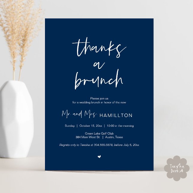 Convite Postar Brunch de casamento, Obrigados de um Convit (Post wedding Brunch, Thanks a Brunch Invitation card PDF in Navy Blue)
