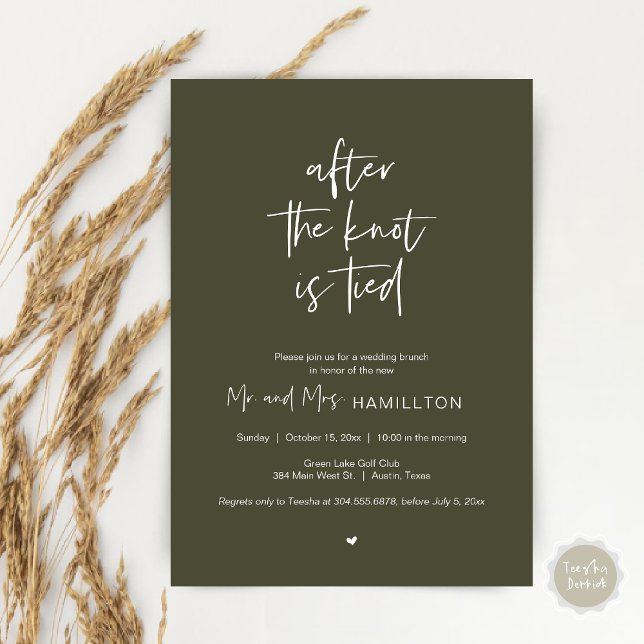 Convite Poste o Brunch do casamento, depois que o nó estiv (After the knot is tied, Wedding Elopement Lunch, Dinner, Brunch Party Invites Card, PDF, Olive Green)