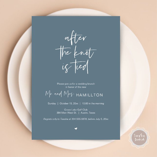 Convite Poste o Brunch do casamento, depois que o nó estiv (After the knot is tied, Wedding Elopement Lunch, Dinner, Brunch Party Invites Card, PDF, Dusty Blue)