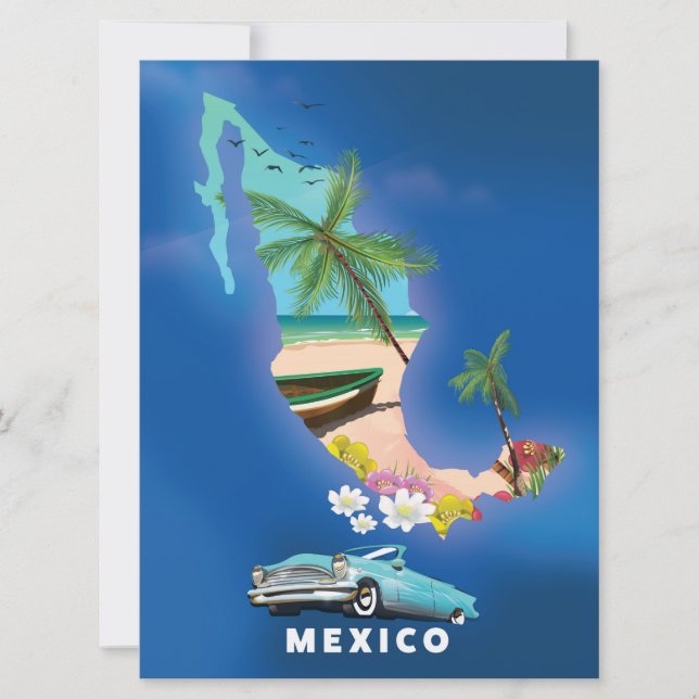 Convite Poster de viagens de Ilustração do Mapa do México. (Frente)