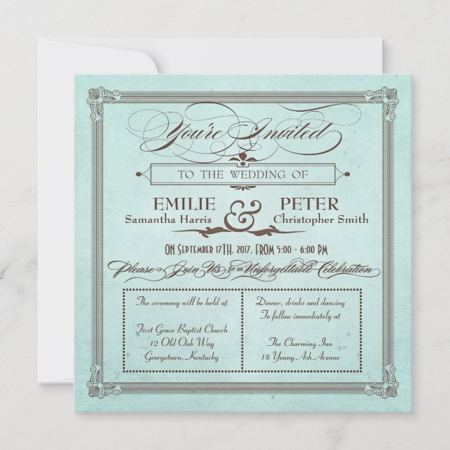 Convite Poster vintage Estilo Azul & Marrom Casamento Quad (Frente)