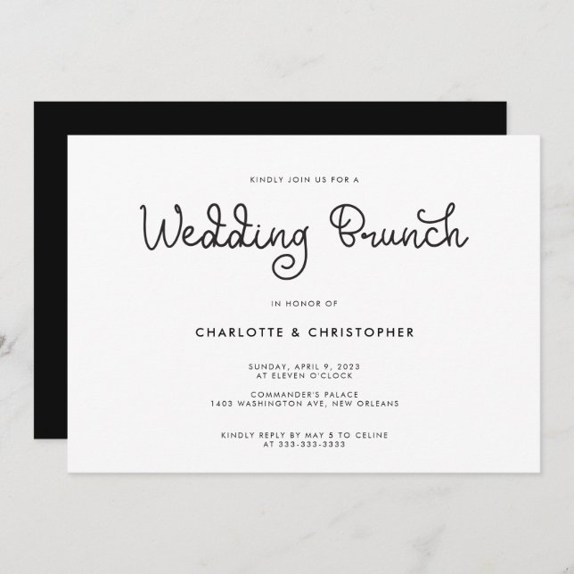 Convite Posto Branco Negro de Script Moderno Casamento Bru (Frente/Verso)