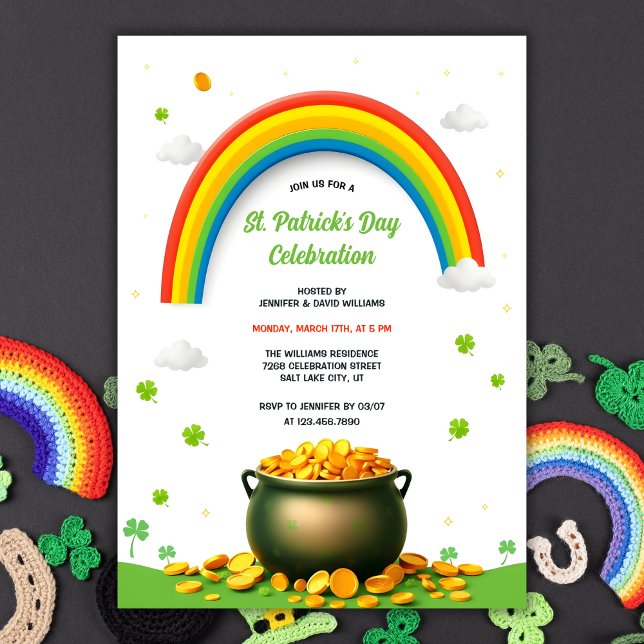 Convite Pote Arco-Íris de Dia de São Patrício Dourado de D (Fun St. Patrick's Day Invitation – Rainbow, Pot of Gold, and Shamrock-Themed Party Invitation)