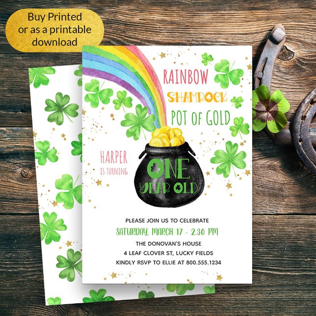 Convite Pote Arco-Íris de Shamrock Dourado (Cute First Birthday St Patricks Themed Birthday Invitation)