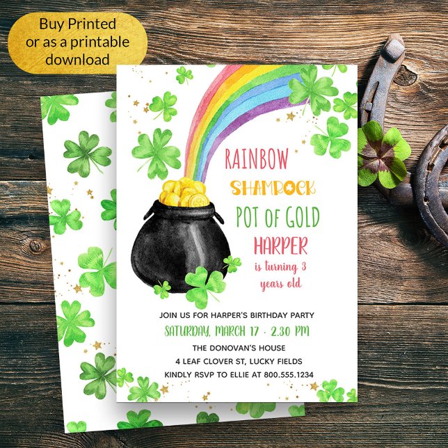 Convite Pote Arco-Íris de Shamrock Dourado (Kids St Patricks Themed Birthday Invitation)