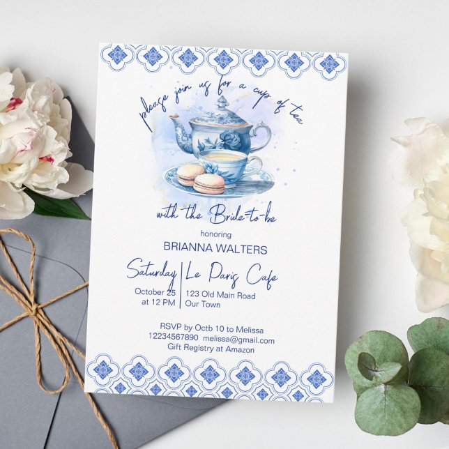 Convite pote de chá chá de panela azulejo azul (Bridal shower tea party something blue tiles template invitation instant download blue tea pot)