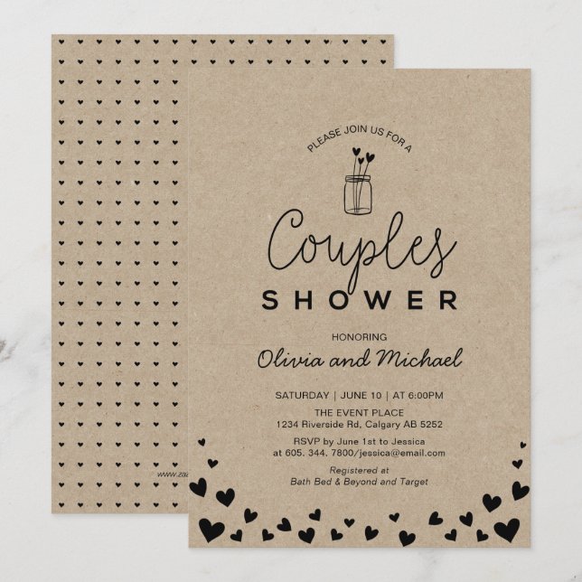 Convite Pote de Mason, Chic Casamento de Casais Preto Kraf (Frente/Verso)
