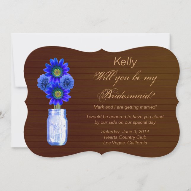 Convite Pote de Pedido de Dama de Honra Azul Rústico País (Frente)