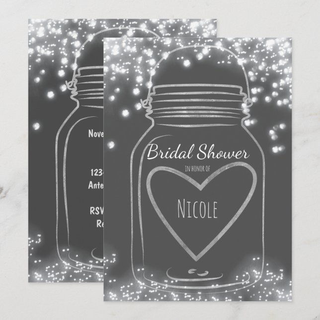 Convite Pote de Pedra Silver Heart & Luzes de Brilho QUALQ (Frente/Verso)