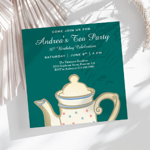 Convite Pote Elegante Simples   Teal Birthday Tea Party