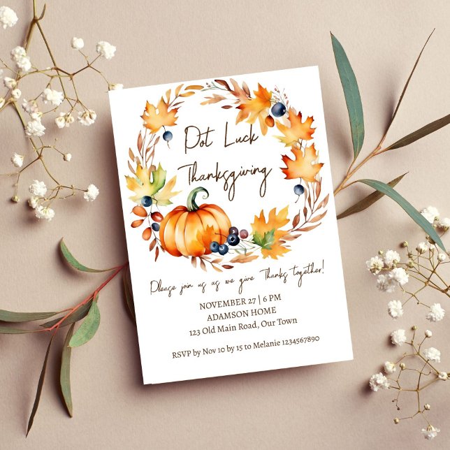 Convite Pote modelo do janto de Ação de Graças (Pot Luck Thanksgiving dinner party template invitation digital download watercolor pumpkin wreath)