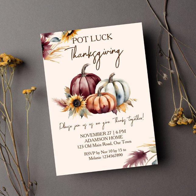 Convite Pote Sorte Bóvora de Ação de Graças (Pot Luck Thanksgiving dinner party template invitation digital download boho pumpkins sunflowers )