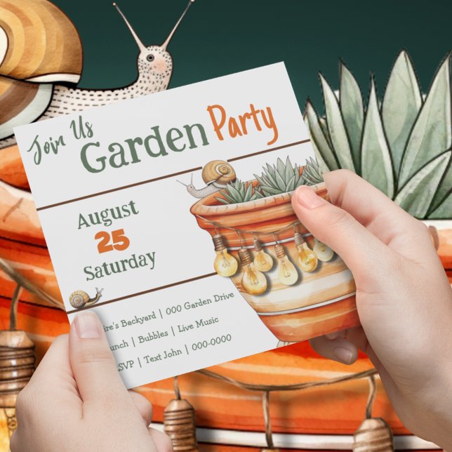 Convite Pote Terracotta com Caracol Cute no Partido do Jar (House warming birthday garden party customizable invitation with cute plants and bugs. )