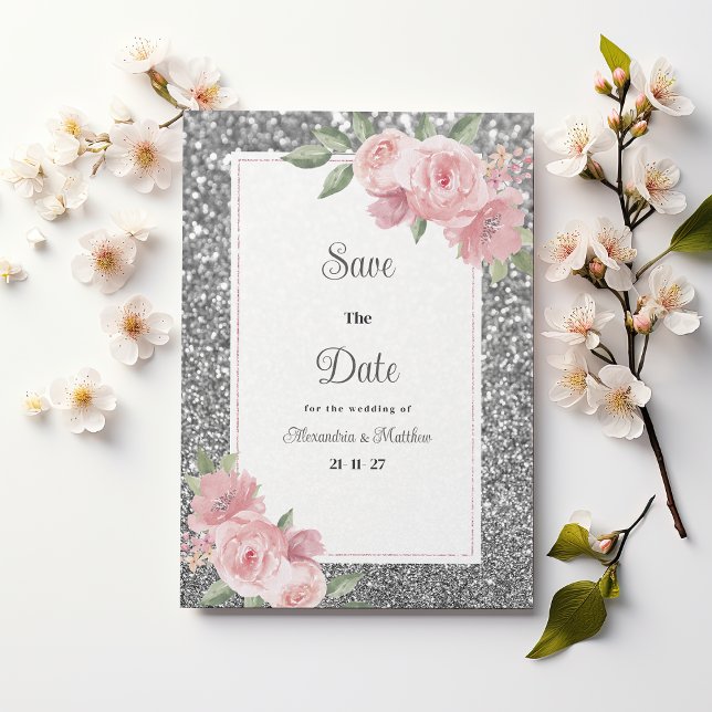 Convite Poupança prateada cintilante rosa floral A Data  (Silver sparkly glitter pink floral Save The Date)