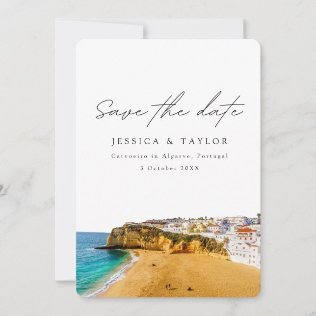 Convite Poupar a data com foto de Carvoeiro no Algarve Por (Frente)