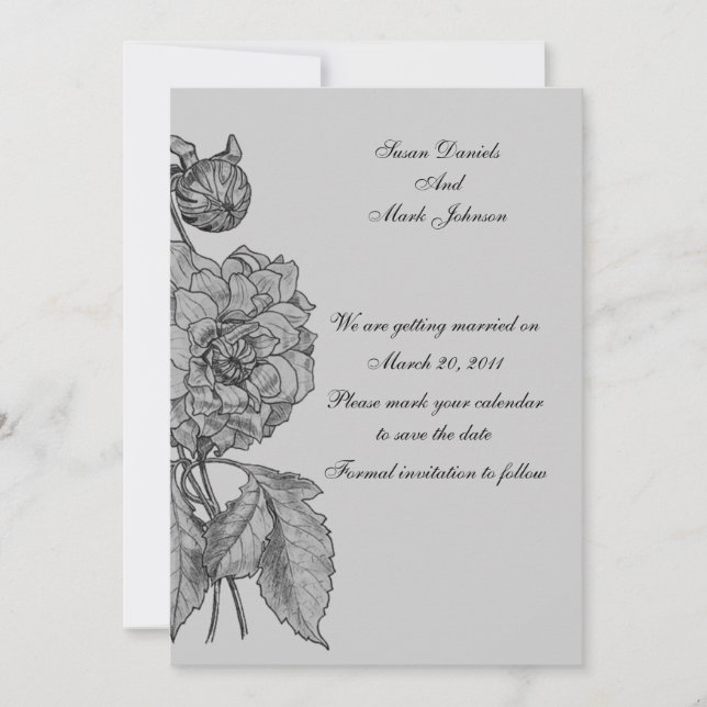 Convite Poupar Data de Casamento Floral Peônia Cinza Prata (Frente)