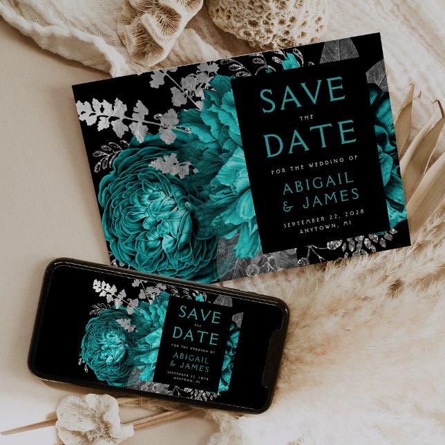Convite Poupar na Data do Casamento Floral Escuro Azul Tea (Criador carregado)