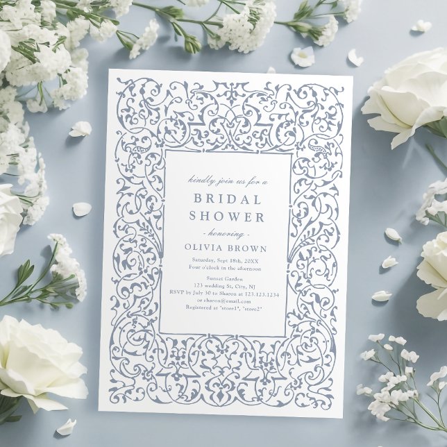 Convite Pousio de Noiva em Azul Empoeirado com Moldura Orn (Dusty Blue Vintage Ornate Frame Bridal Shower Invitation)