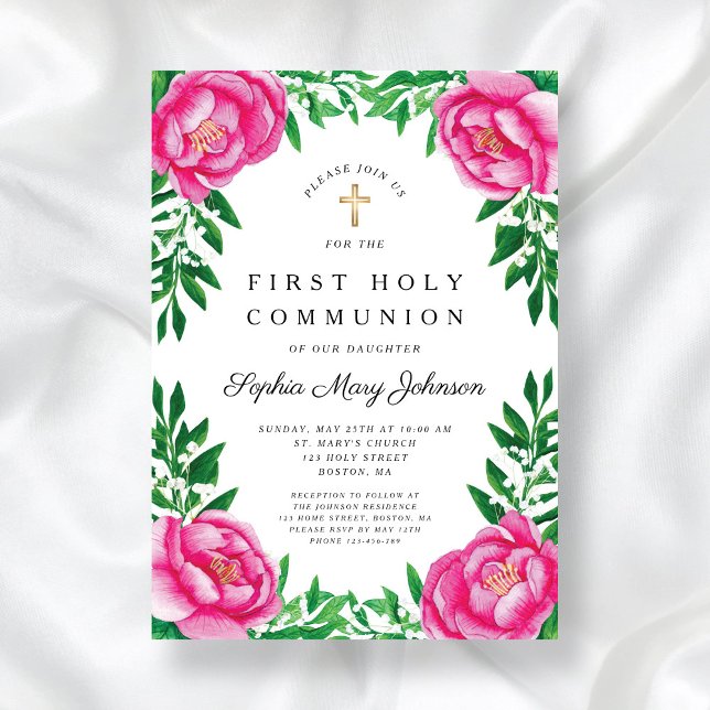 Convite Povos Florais Rosa Primeira Comunhão Religiosa (Pink Floral Peonies Religious First Communion Invitation)