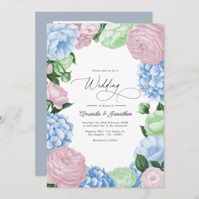 Convite Powder Blue, Blush Pink/Light Sage Floral Wedding (Frente/Verso)