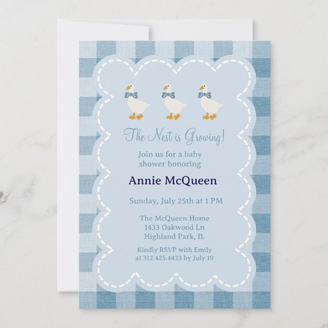 Convite Powder Blue Gingham Goose Baby Shower Invitation (Frente)