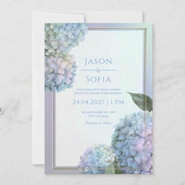 Convite Powder Blue Lavender Hydrangea Gold Frame Wedding (Frente)