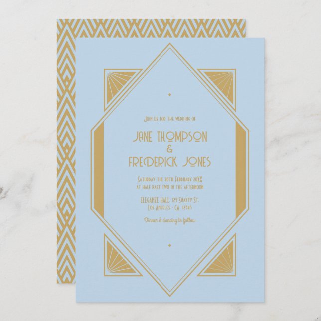 Convite Powder Blue & Metallic Gold Art Deco Wedding Photo (Frente/Verso)