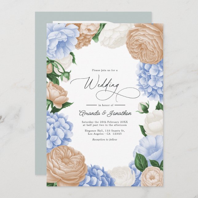 Convite Powder Blue, Sand Beige & White Floral Wedding (Frente/Verso)