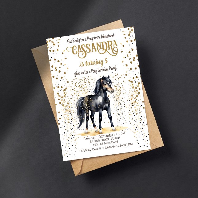 Convite Pôy festa de aniversário preto e ouro borrifados (Pony horses birthday party editable template invitation digital download black horse gold sprinkles)