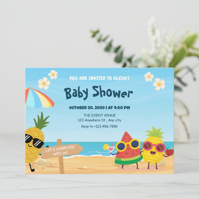 Convite PPlayful summer beach cartoon fruit baby shower (Em pé/Frente)