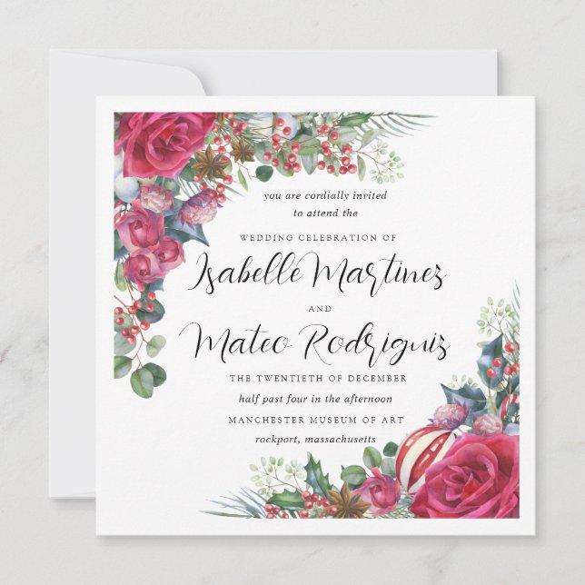 Convite Praça de Casamento de Natal Floral Vermelha Elegan (Frente)
