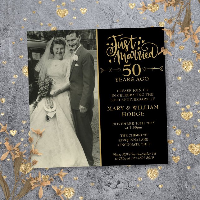 Convite Praça de Fotos de Casamento do Recem casados de 50 (50th Anniversary Just Married Wedding Photo Square Invitation)