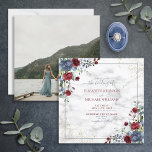 Convite Praça de Fotos Floral Dourada da Borgonha Azul Azu<br><div class="desc">Crie o convite perfeito para o casamento com este moderno convite para o casamento quadrado, modesto, design, com azul empoeirado e burgundy marsala greenery watercolor design floral, e um fundo de mármore falso carrera, com tipografia escrita escrita à mão e pó de ouro falso. A parte traseira da placa apresenta...</div>
