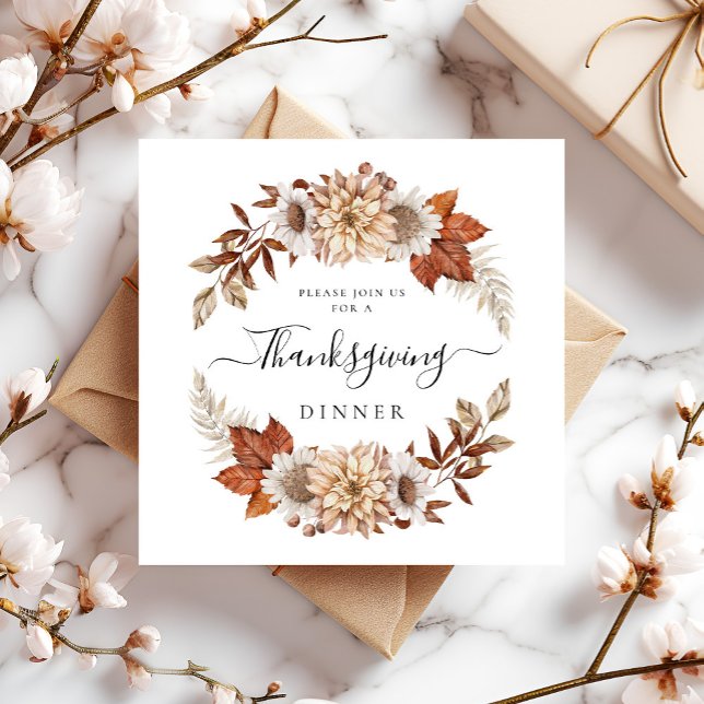 Convite Praça de Jantar de Ação de Graças de Outono Rústic (Rustic Fall Floral Thanksgiving Dinner Square Invitation)
