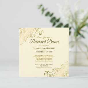 Convite Praça de Janto de Casamento de Creme Dourado Elega