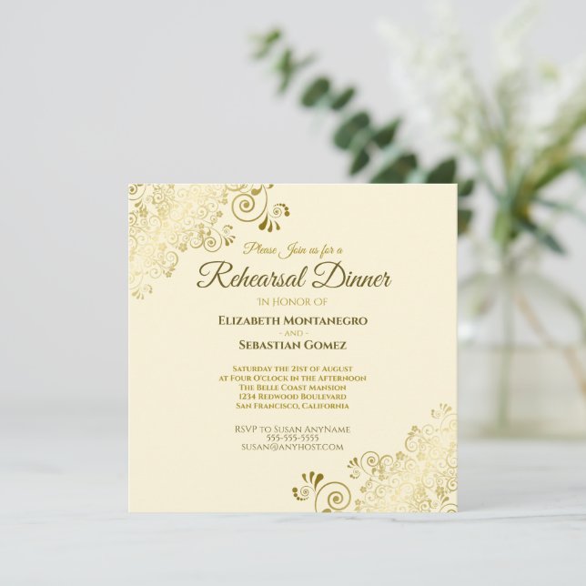 Convite Praça de Janto de Casamento de Creme Dourado Elega (Em pé/Frente)