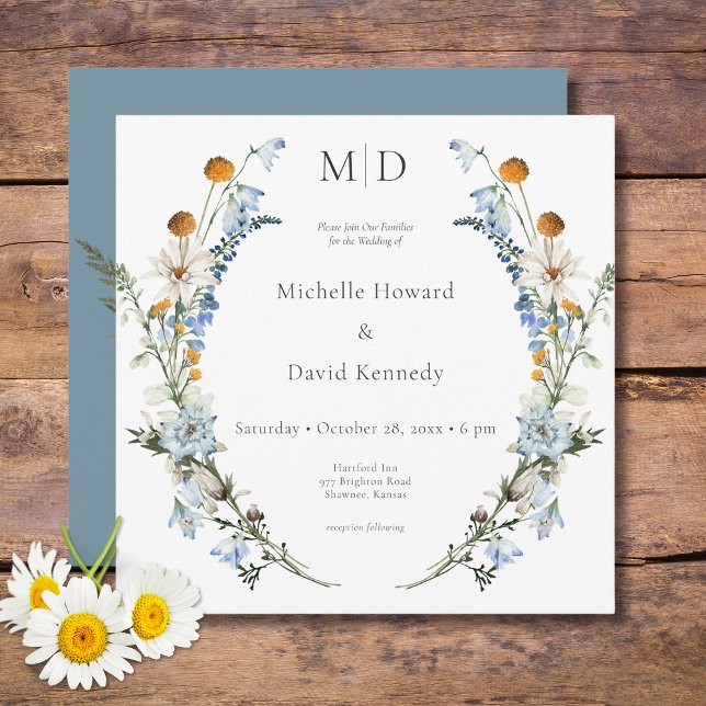 Convite Praça Rustic Dusty Blue Selvagens e Disies (Rustic Dusty Blue Wildflowers & Daisies Square Wedding Invitation)