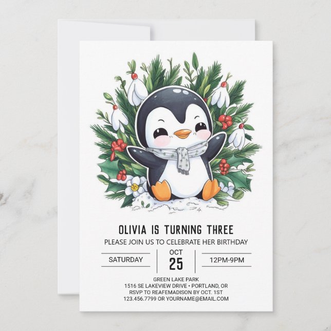 Convite Pradaria Digital do Pastel Snow Penguin (Frente)