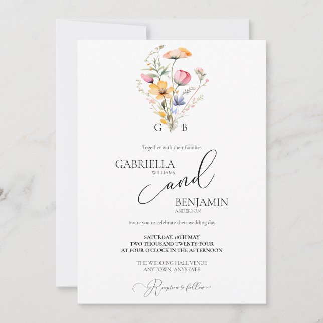 Convite Prado de Flores Silvestres Aquarela Casamento Boho (Frente)