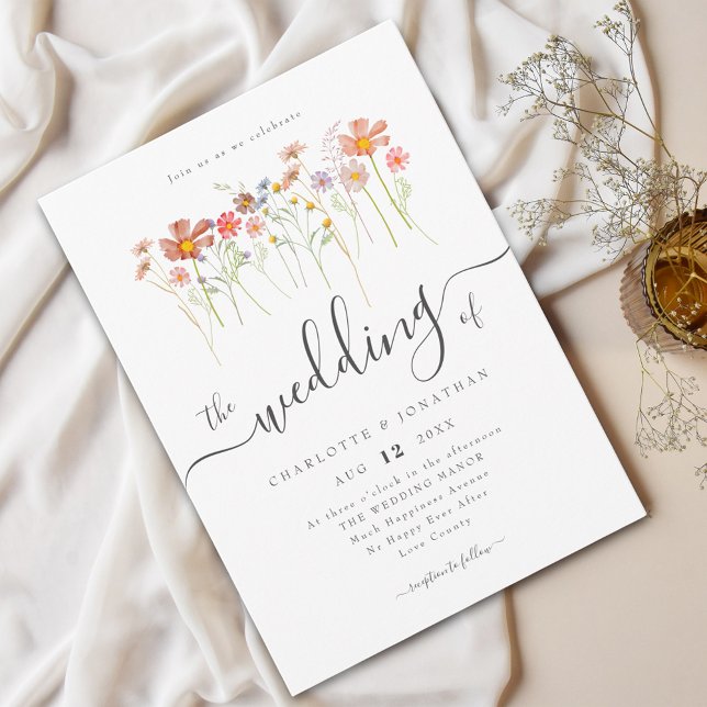 Convite Prado de Flores Silvestres Caligrafia Elegante (Boho wildflower meadow elegant script wedding invitation Watercolor flowers fall colors)